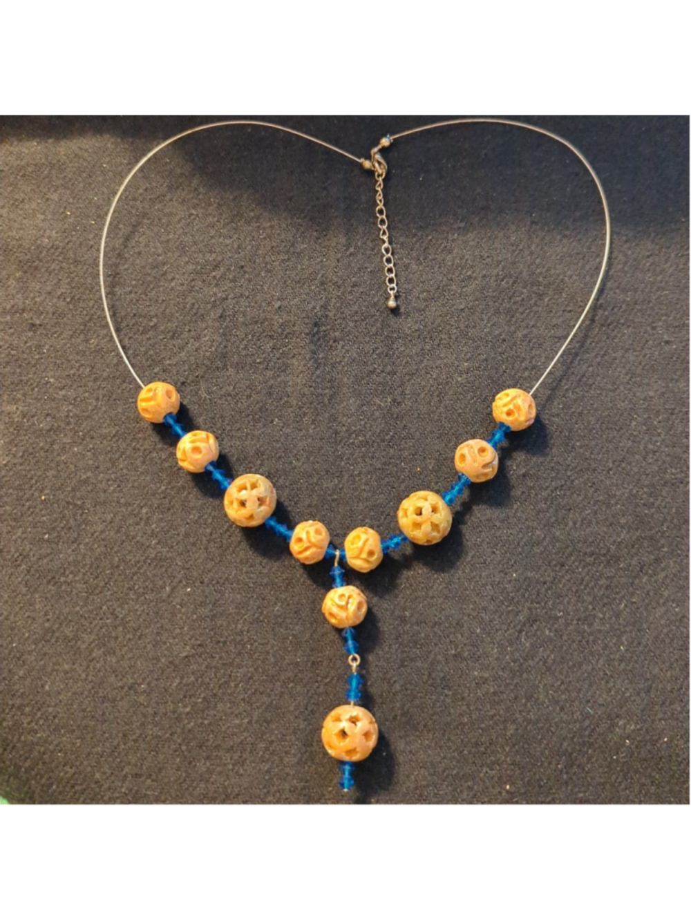 Hand Crafted Tan Carved Soapstone Blue Swarovski Crystal Bead Statement Necklace